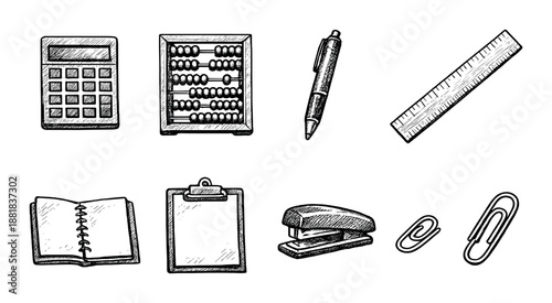 Chalk sketch of office equipment: calculator, abacus, pen, ruler, notebook, clipboard, stapler, paperclips