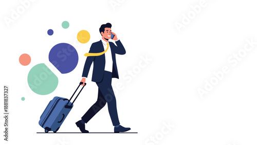 Busy professional businessman talks on mobile phone while walking through airport terminal with blue suitcase.