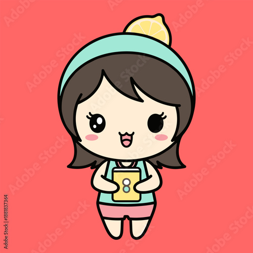 Cute cartoon girl holding key isolated on transparent background