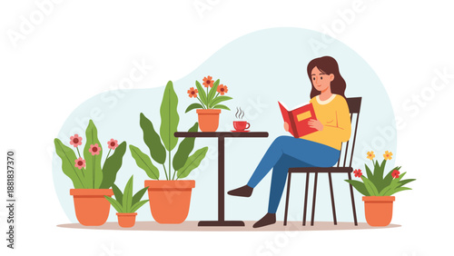 Peaceful young woman enjoys reading interesting book while sitting at outdoor table surrounded by potted plants.