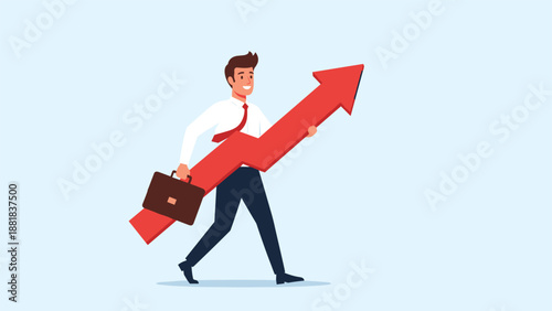 Motivated professional businessman runs fast while carrying large red arrow pointing up to symbolize growth.