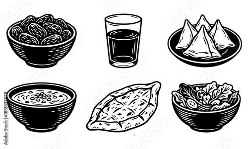 Black and White Vintage Woodcut Set of Iftar Ramadan Food and Drink Icons