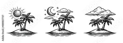 Monochrome tropical island illustrations with sun moon and clouds