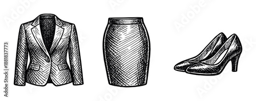 Classic women's business attire: blazer, pencil skirt, and heels sketch on black background