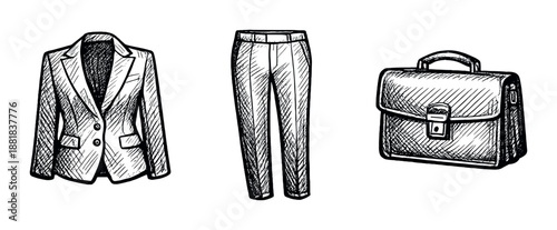 Hand-drawn business attire: blazer, trousers, and briefcase on black background