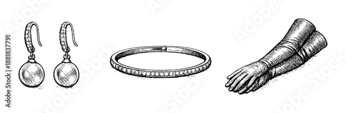 Elegant jewelry display with earrings, diamond bracelet, and gloved hand on gray background