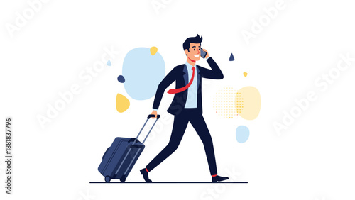 Energetic professional businessman walks briskly while talking on phone and pulling his luggage for a trip.
