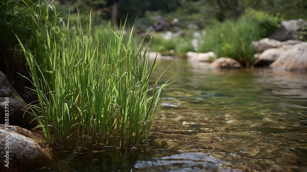 Fototapeta premium Lush green grass grows in the clear shallow water of a serene mountain stream illuminated by bright sunlight