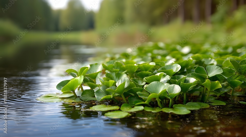 Naklejka premium Lush green aquatic plants float serenely on the surface of a calm reflective body of water in a natural setting