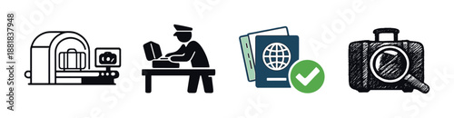 Passport verification process: security check, officer, and luggage scanning icons