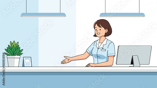 Welcoming female receptionist gestures to assist visitors at a modern medical or business office counter.