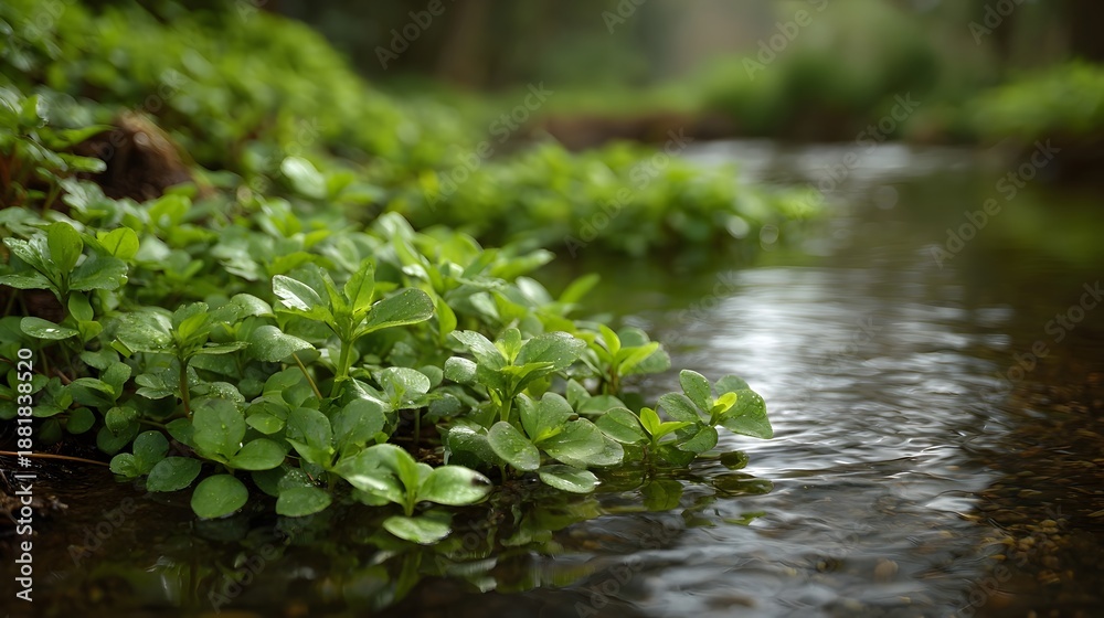 Naklejka premium Lush green aquatic plants thrive along the edge of a clear stream with visible pebbles on the bed creating a serene natural scene
