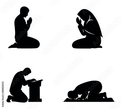 Silhouettes of people praying in various positions