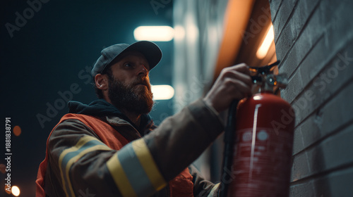 Safety inspector checking a fire extinguisher on a wall during night shift