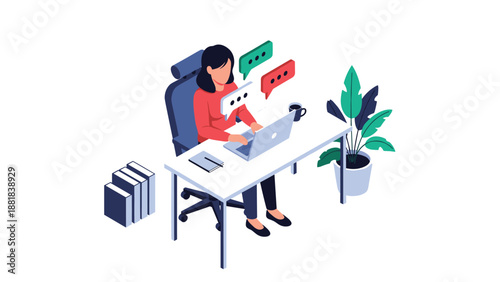 Young woman sits at an office desk working on a laptop while multiple speech bubbles float above her showing communication.