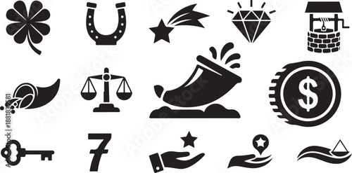Collection of black and white fortune and luck icons