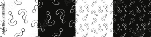 Black and white question mark sketch illustration seamless pattern set. Abstract background collection. Quiz, game, customer service, presentation, conversation concept
