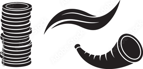 Black and white illustration of shofar and scrolls blowing