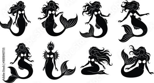 Black Mermaid Silhouette Icons Set Featuring Various Mythical Sea Creatures CAD Drawing Flat Vector Illustration for Ocean and Fantasy Design,