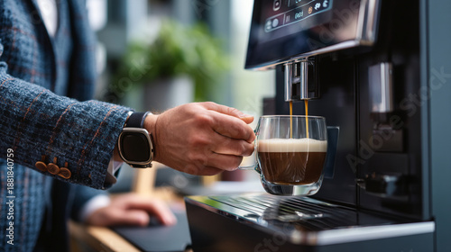 Close-up of a businessman taking a freshly brewed coffee from an automatic machine