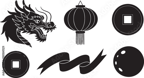 Chinese New Year Symbols and Decorations in Black Color