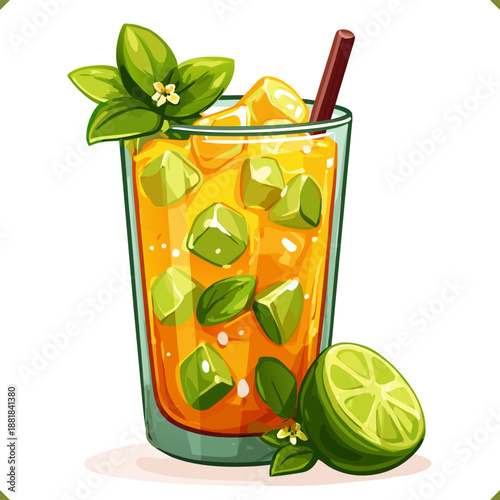 Vector illustration of refreshing lime and mint drink with ice in glass, aqua fresca style beverage for cafe and bar menu, isolated on white background