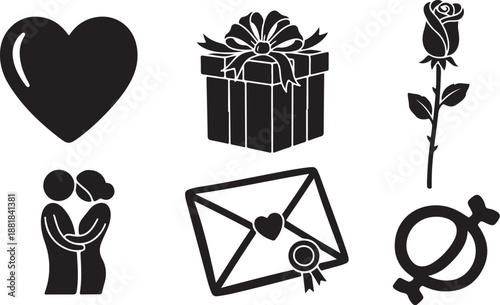 Valentine's Day icons and symbols in black and white