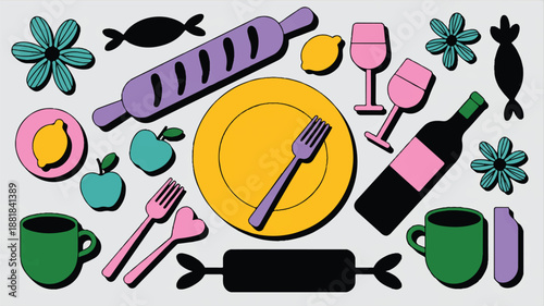 colorful illustration of food and drink items on table setting with utensils