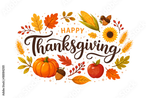 Happy Thanksgiving decorative elements with autumn harvest and fall foliage