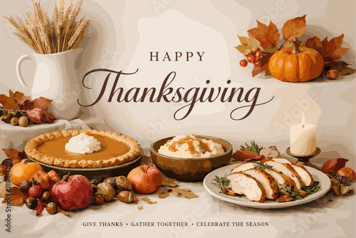 Happy Thanksgiving feast with turkey, pumpkin pie, mashed potatoes, and autumn decor