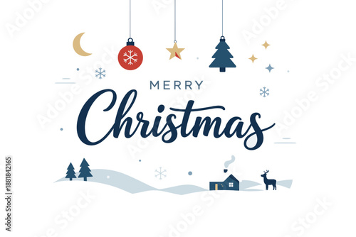 Merry Christmas greeting with festive winter scene and hanging ornaments