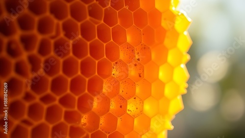 apiary. A cross-section of a honeycomb filled with golden honey, showing hexagonal pattern. wildlife magazines, conservation campaigns, designed for nature documentaries and education.
