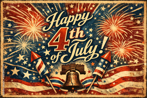 Happy 4th of July vintage illustration with fireworks and Liberty Bell