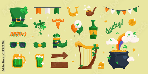 Colorful vector Saint Patrick’s Day design elements featuring leprechaun hat, clovers, beer, rainbow, gold, Irish symbols and festive decorations for holiday cards, posters and themed designs.