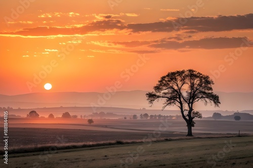 A single tree in the middle of a foggy field during the beautiful sunrise