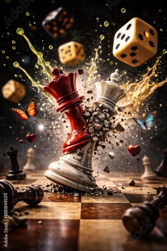 Dramatic conceptual scene with shattered chess pieces and dice symbolizing strategy and chance