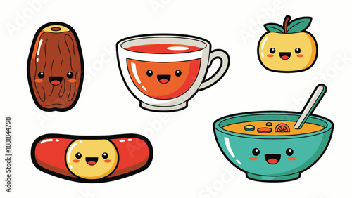 Cartoon Food Items with Happy Faces.