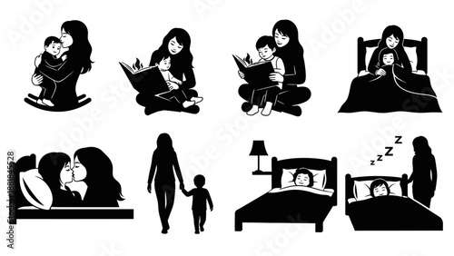 Mother and Baby Silhouette Various Poses.