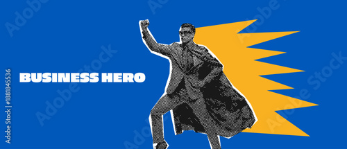 Heroic business man portrait in creative halftone dot pattern for leadership and success concept