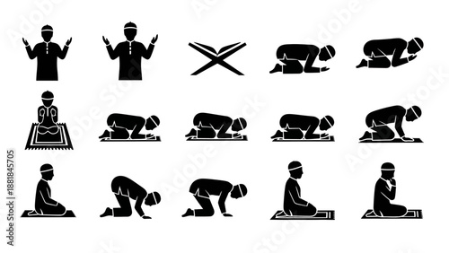 Muslim Man Performing Various Prayer Positions.