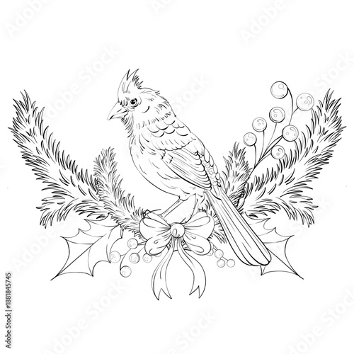 Arrangement of a Cardinal Bird With Holly and Pine Boughs in Seamless Pattern Style for Holiday Decor and Festive Backgrounds
