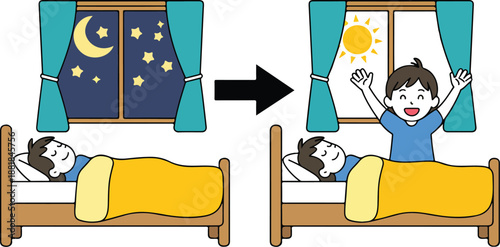 Kid Daily Routine Outline Illustration Set  Sleeping at Night and Waking Up in the Morning