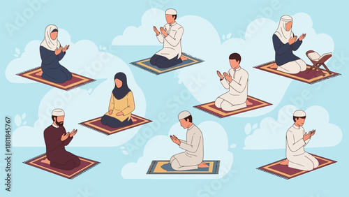 Muslim People Praying on Prayer Mats.