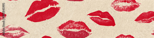 Red lipstick kiss marks covering a cream textured paper surface, creating a playful pattern. Red lipstick kiss marks seamless pattern on textured paper