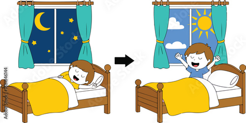 Kid Daily Routine Outline Illustration Set  Sleeping at Night and Waking Up in the Morning