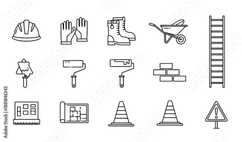 Construction Safety and Equipment Outline Icons Vector Clipart Set