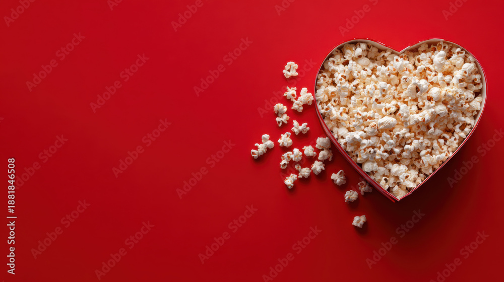 Obraz premium Overhead view of popcorn arranged in a heart shape for romantic movie date night and valentine day