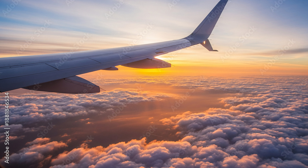 Obraz premium Aerial view of airplane wing above clouds at sunset, creating a peaceful and scenic atmosphere, representing travel, freedom, and inspiration