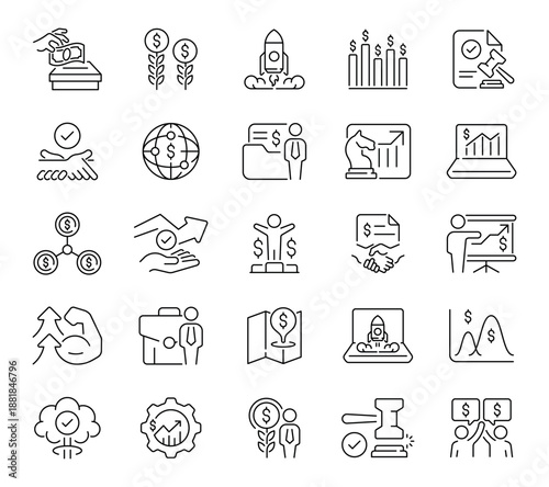 Business startup icons set. editable line icons, outline, new venture symbols