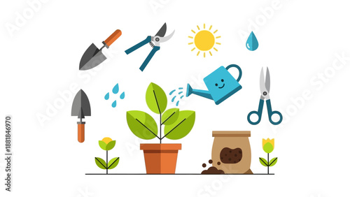 Gardening Tools and Potted Plant Illustration.